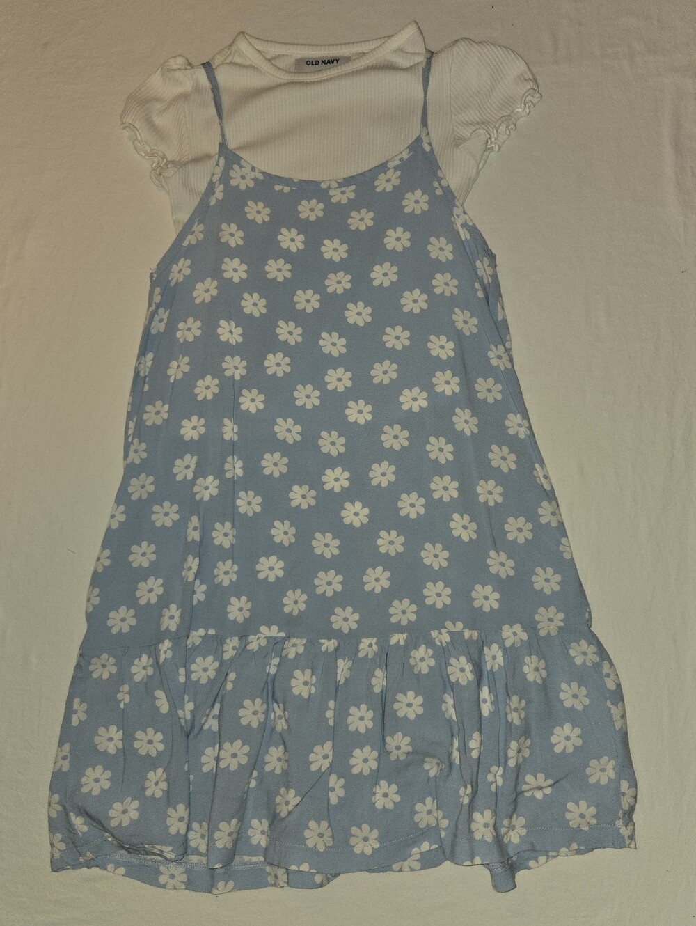Old Navy Girls Blue Daisy Print Slip Dress with White Tee, L (10/12)